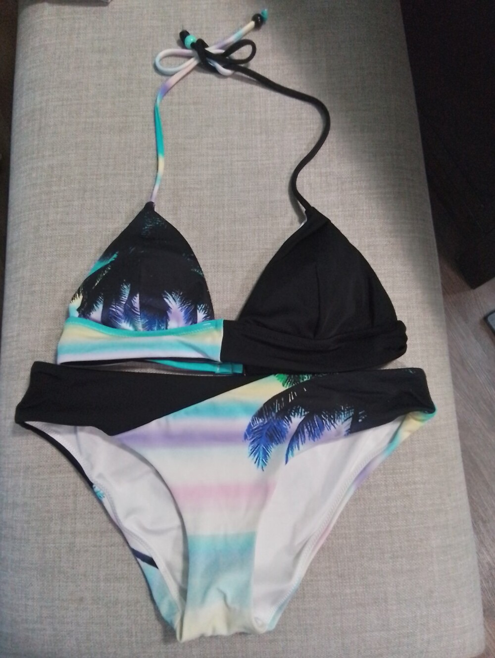 Vintage Victoria's Secret Black & Pastel Palm Triangle Bikini